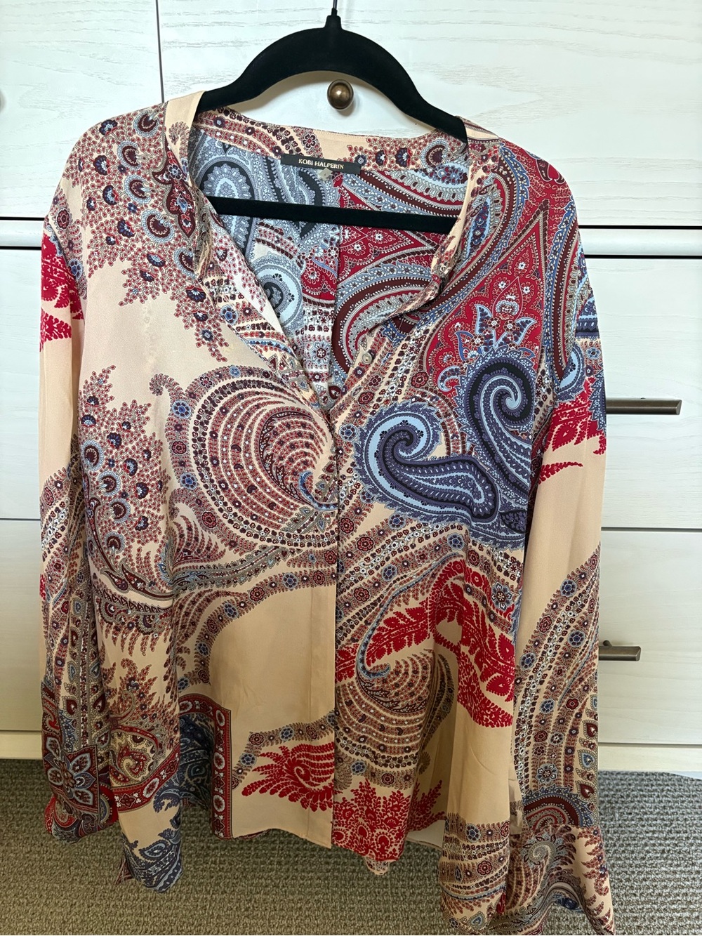 Kobi Halperin Silk Paisley V‑Neck Blouse in Beige, Red and Blue